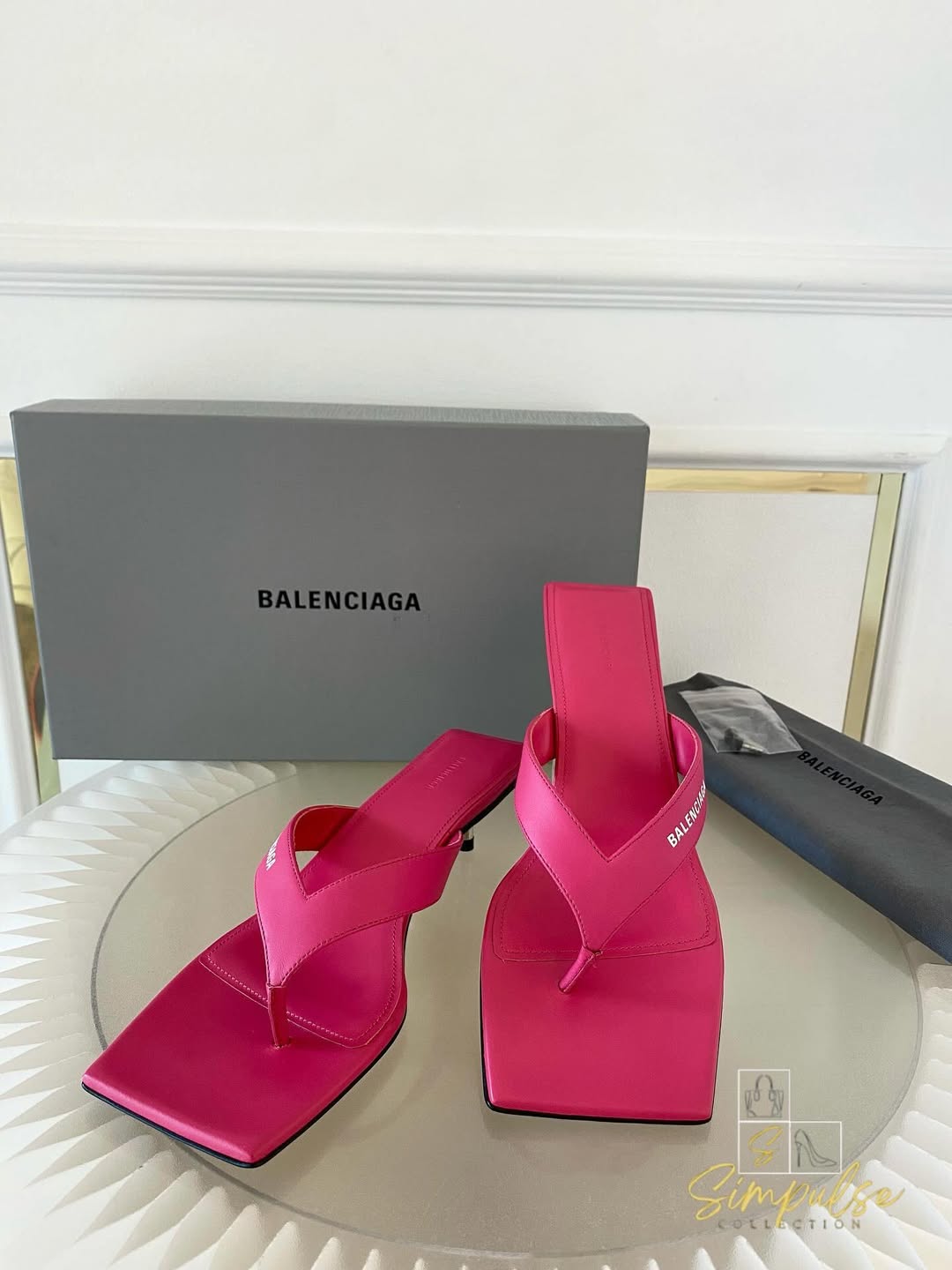 BALENCIAGA Pink Leather Thong Square Toe Slide Sandals