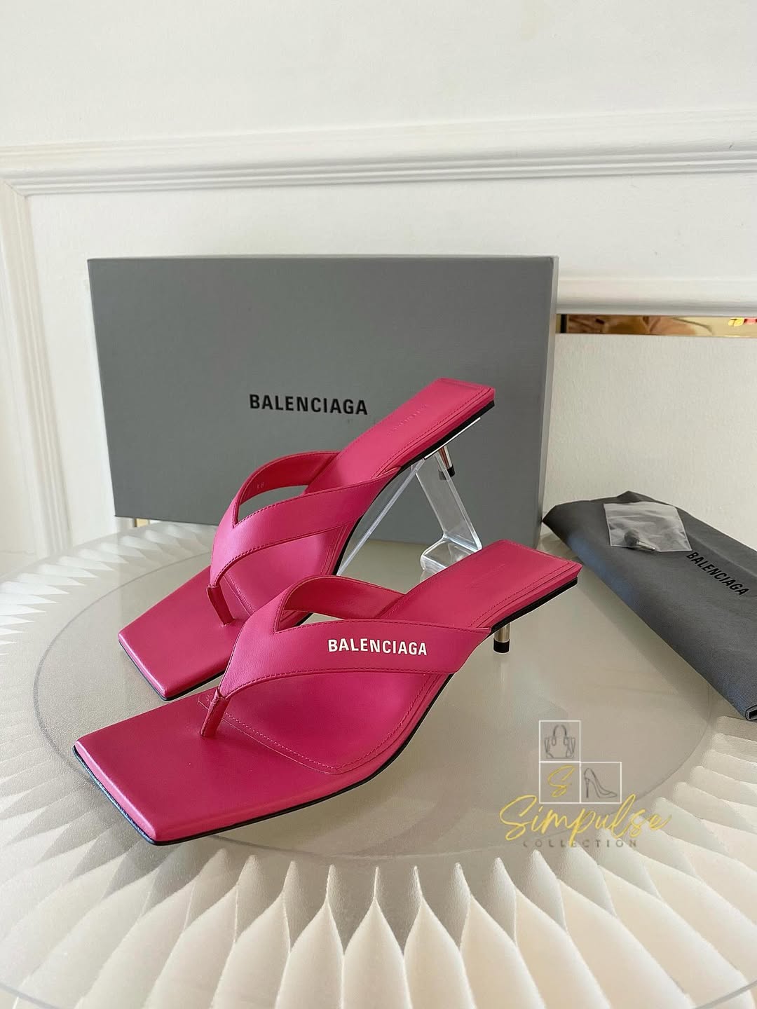 BALENCIAGA Pink Leather Thong Square Toe Slide Sandals