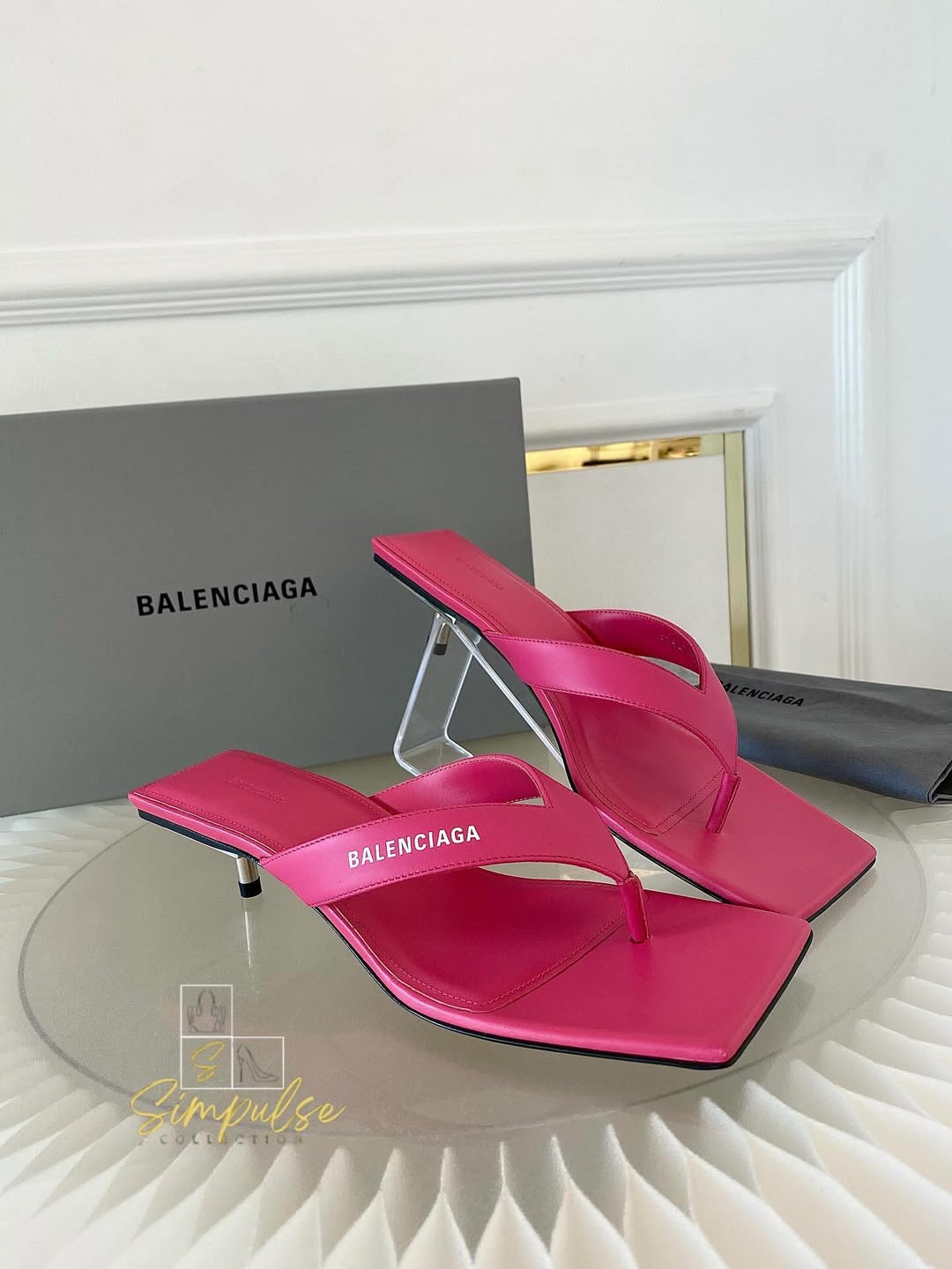 BALENCIAGA Pink Leather Thong Square Toe Slide Sandals
