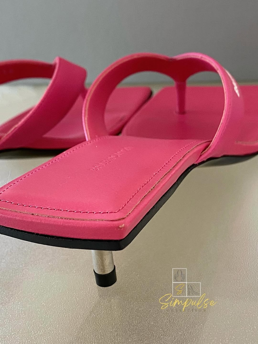 BALENCIAGA Pink Leather Thong Square Toe Slide Sandals