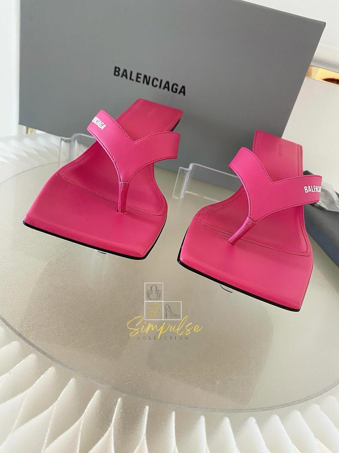 BALENCIAGA Pink Leather Thong Square Toe Slide Sandals
