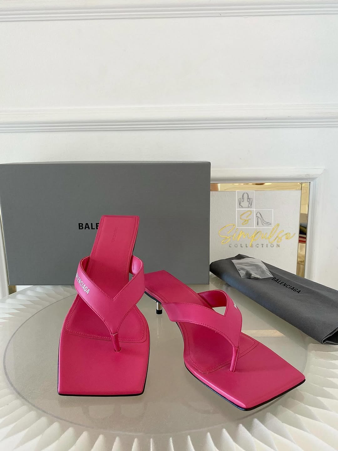 BALENCIAGA Pink Leather Thong Square Toe Slide Sandals