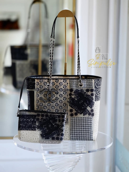 Chanel Rare Tweed & Fabric Patchwork Rubber Tote Bag