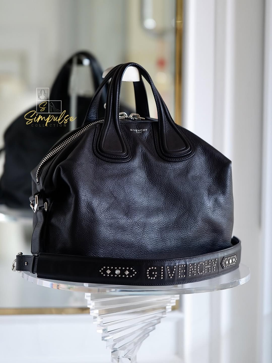 Givenchy Medium Nightingale Black Pebble Leather Signature Studded
