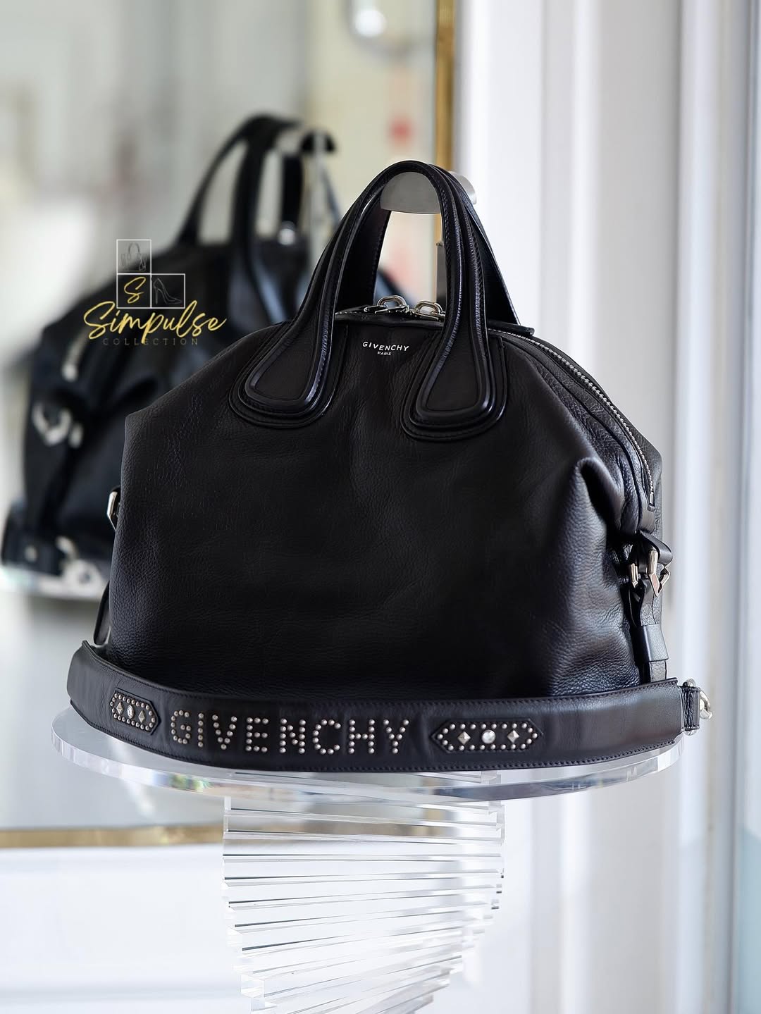 Givenchy Medium Nightingale Black Pebble Leather Signature Studded