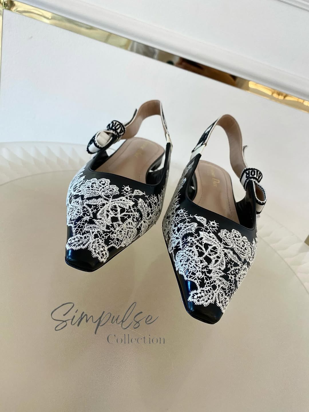 DIOR J'Adior Slingback Embroidered w/ White Lace-Like Rose Flats