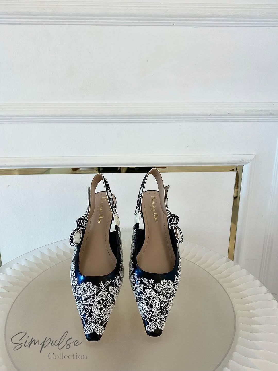 DIOR J'Adior Slingback Embroidered w/ White Lace-Like Rose Flats