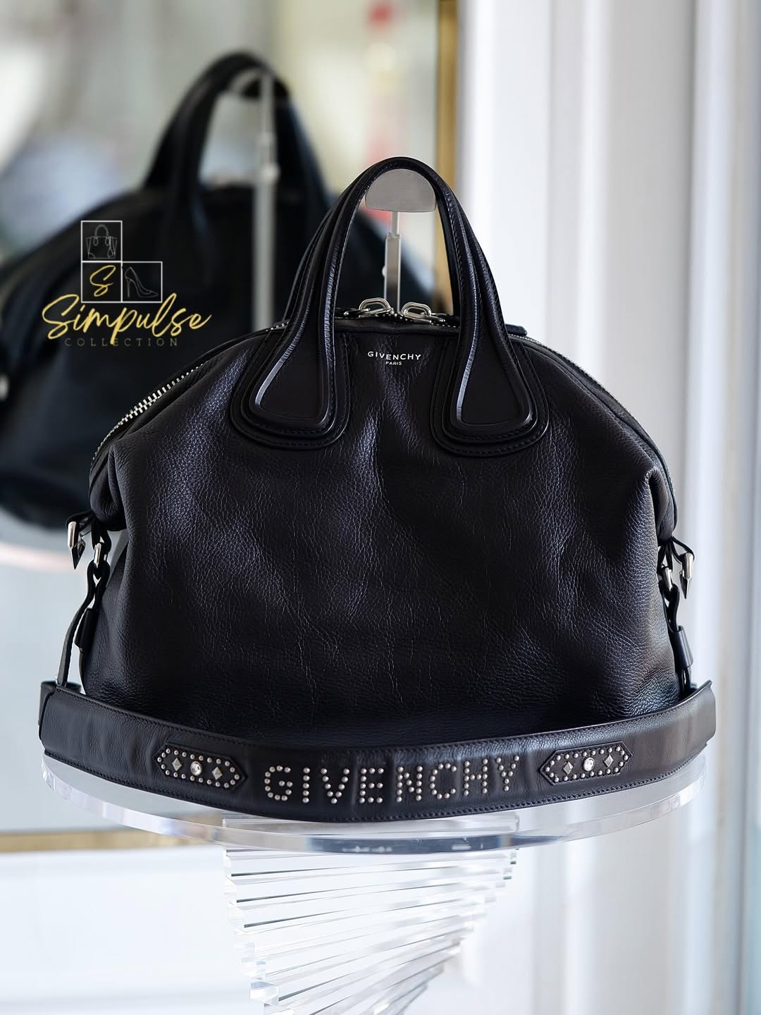 Givenchy Medium Nightingale Black Pebble Leather Signature Studded