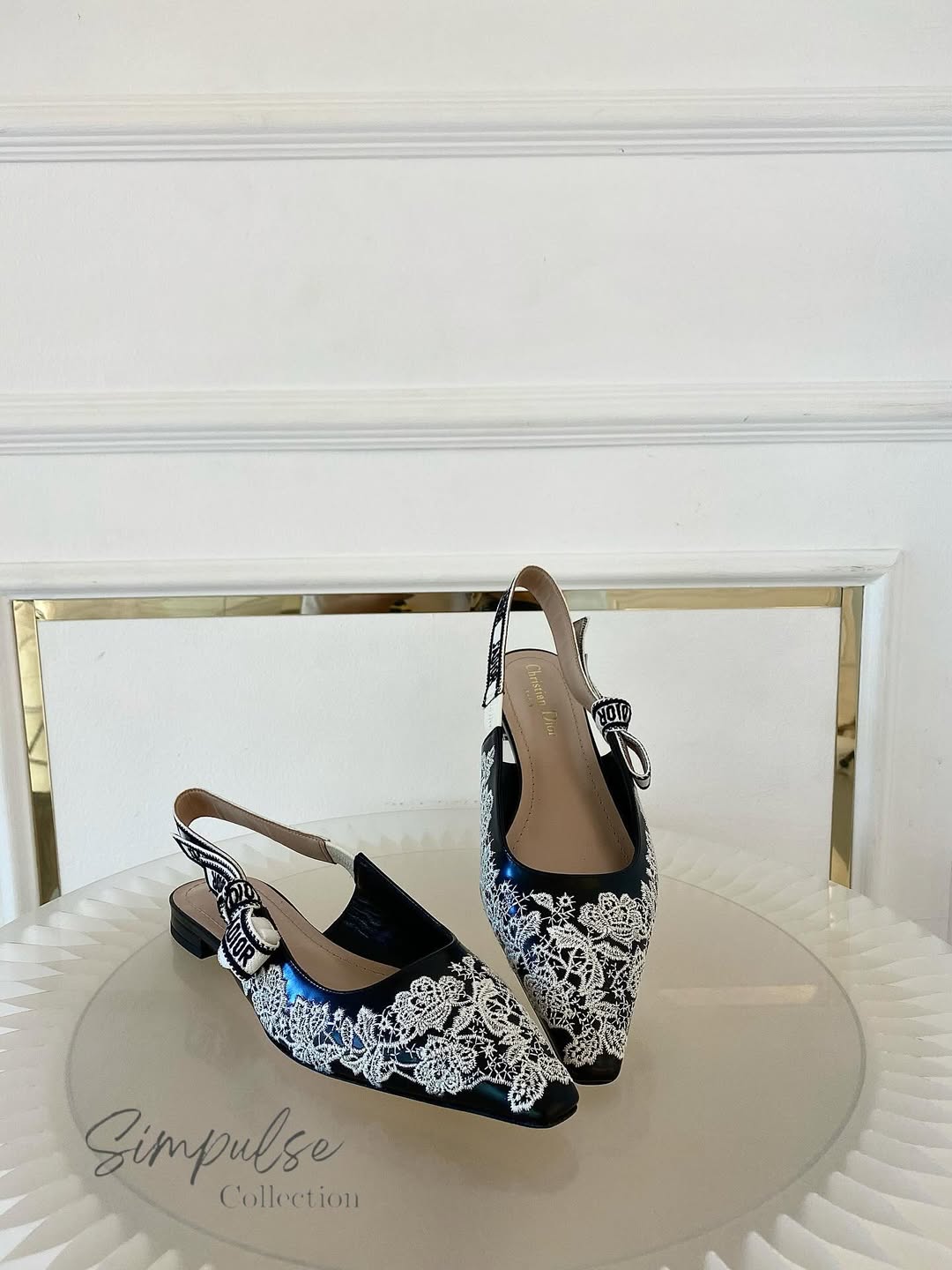 DIOR J'Adior Slingback Embroidered w/ White Lace-Like Rose Flats