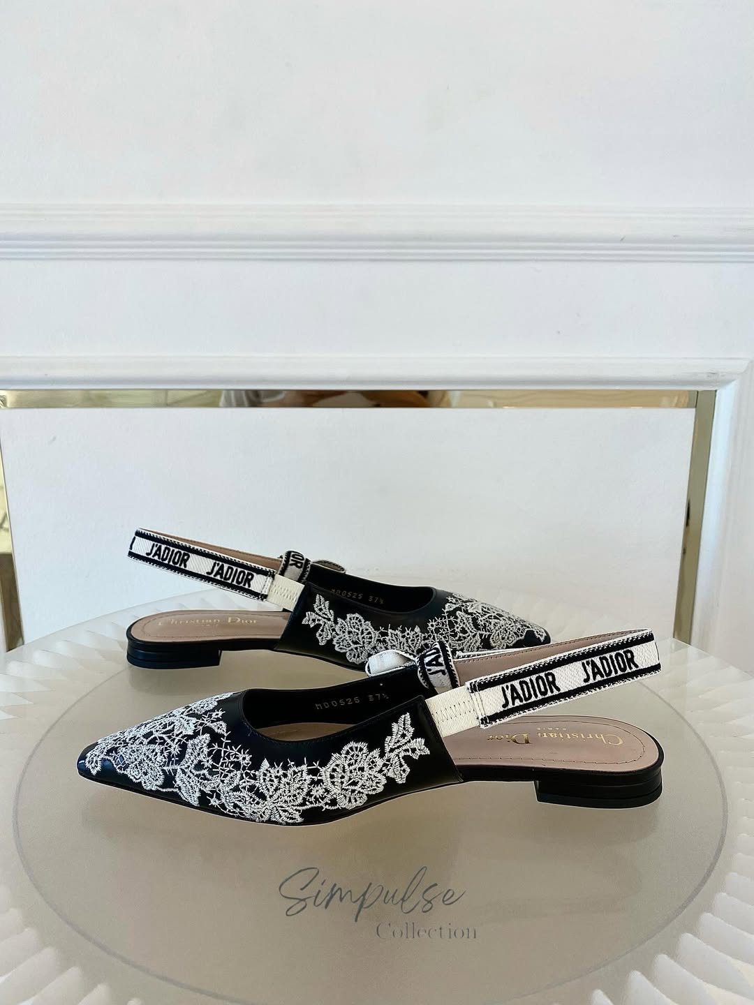 DIOR J'Adior Slingback Embroidered w/ White Lace-Like Rose Flats