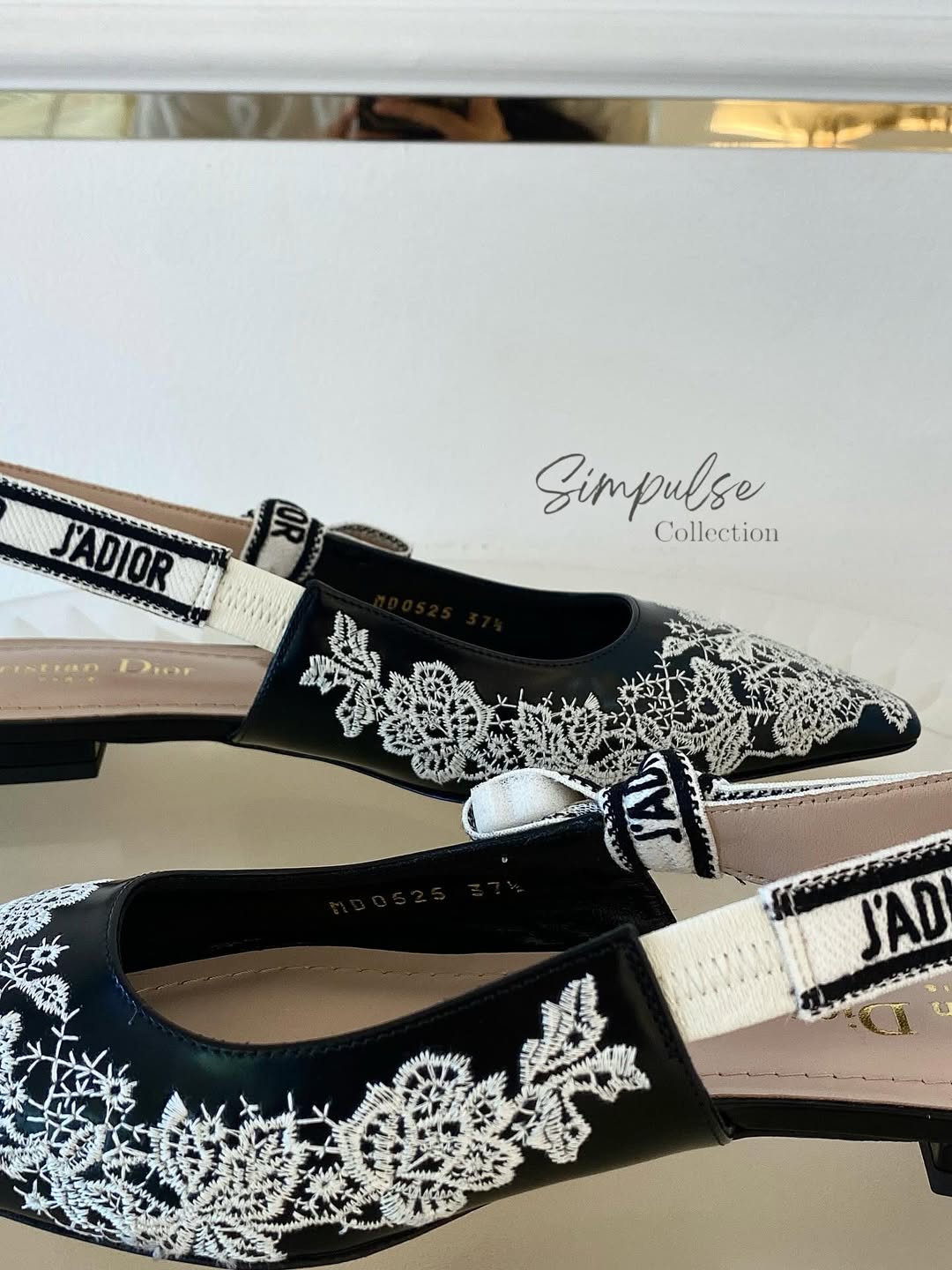 DIOR J'Adior Slingback Embroidered w/ White Lace-Like Rose Flats