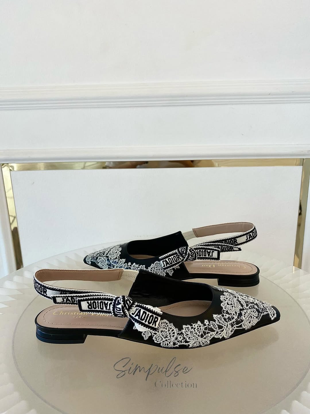 DIOR J'Adior Slingback Embroidered w/ White Lace-Like Rose Flats