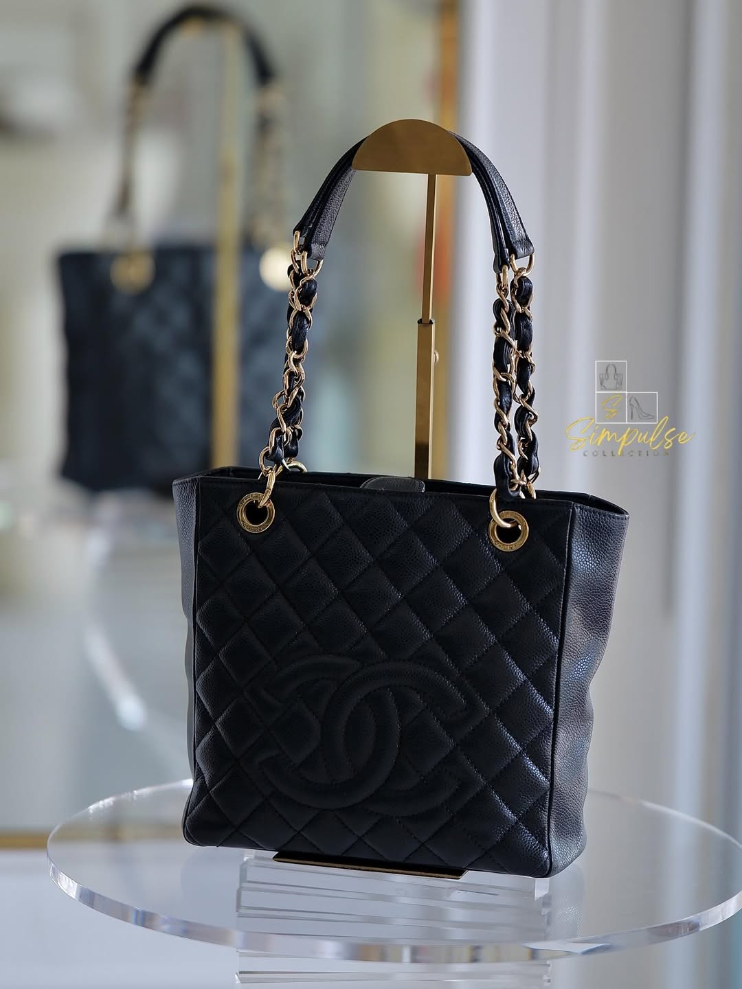 CHANEL Petite Shopping Tote Black Quilted Caviar