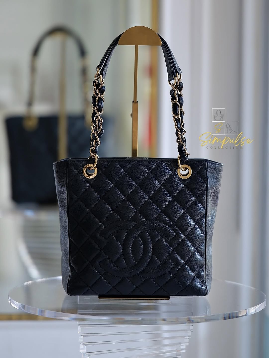 CHANEL Petite Shopping Tote Black Quilted Caviar