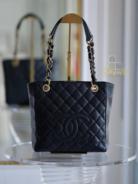 CHANEL Petite Shopping Tote Black Quilted Caviar