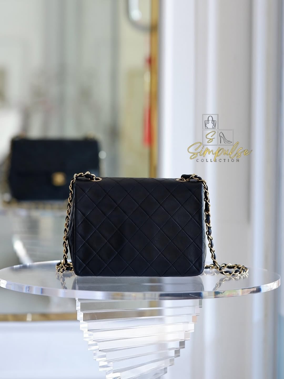 Chanel Vintage Mini Square Flap Lambskin Bag In Black Quilted Lambskin Leather GHW