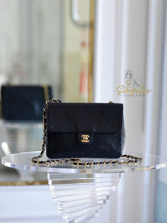 Chanel Vintage Mini Square Flap Lambskin Bag In Black Quilted Lambskin Leather GHW