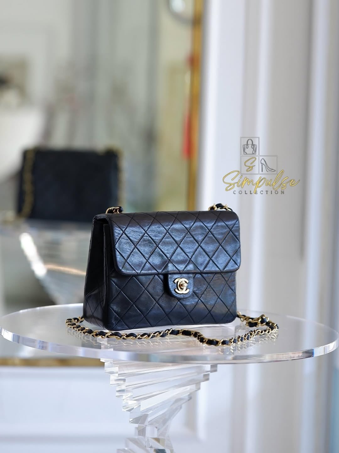 Chanel Vintage Mini Square Flap Lambskin Bag In Black Quilted Lambskin Leather GHW