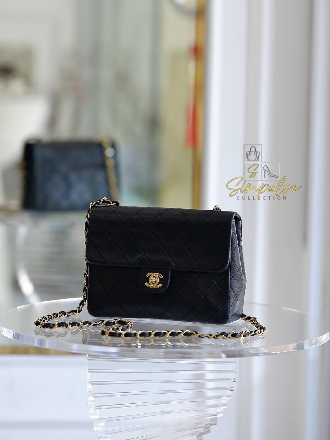 Chanel Vintage Mini Square Flap Lambskin Bag In Black Quilted Lambskin Leather GHW