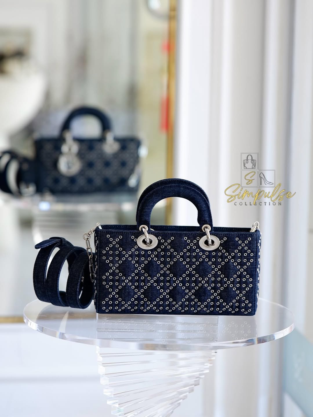 Dior Medium Lady D-Joy Bag In Navy Blue Denim w/ Metallic Eyelets
