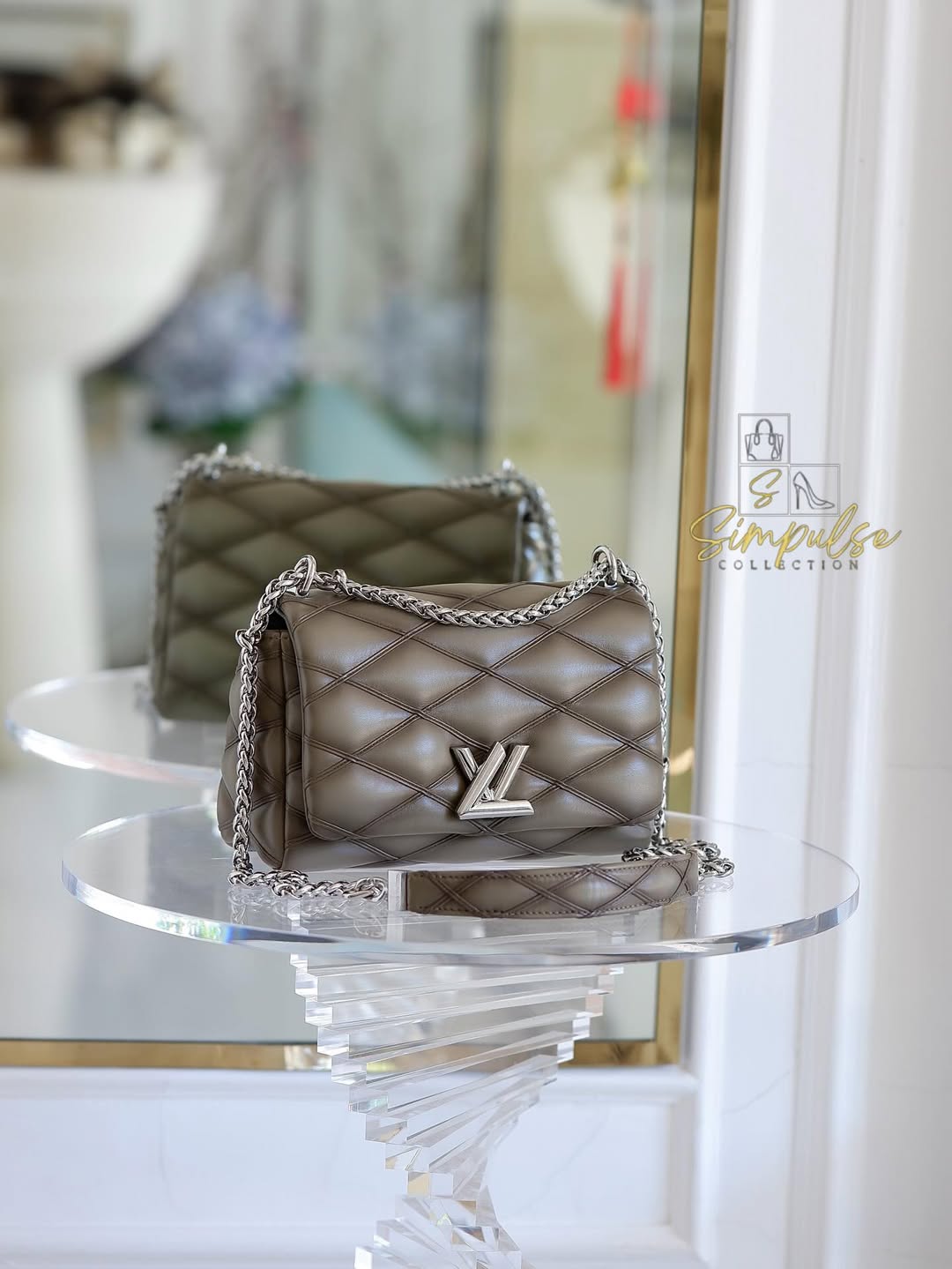 Louis Vuitton GO-14 MM Malletage Quilted Lambskin In a Taupe or Greenish-Grey