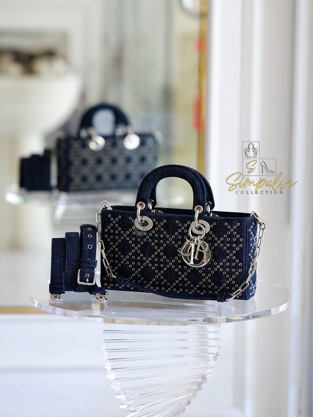 Dior Medium Lady D-Joy Bag In Navy Blue Denim w/ Metallic Eyelets