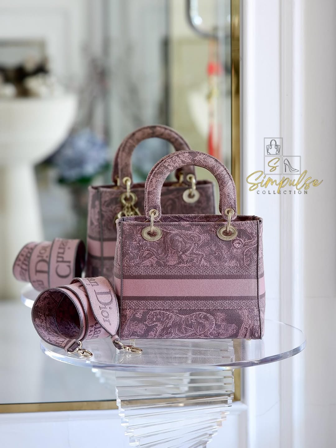 Dior Medium Lady D-Lite Gray &amp; Pink Toile De Jouy Reverse Embroidery