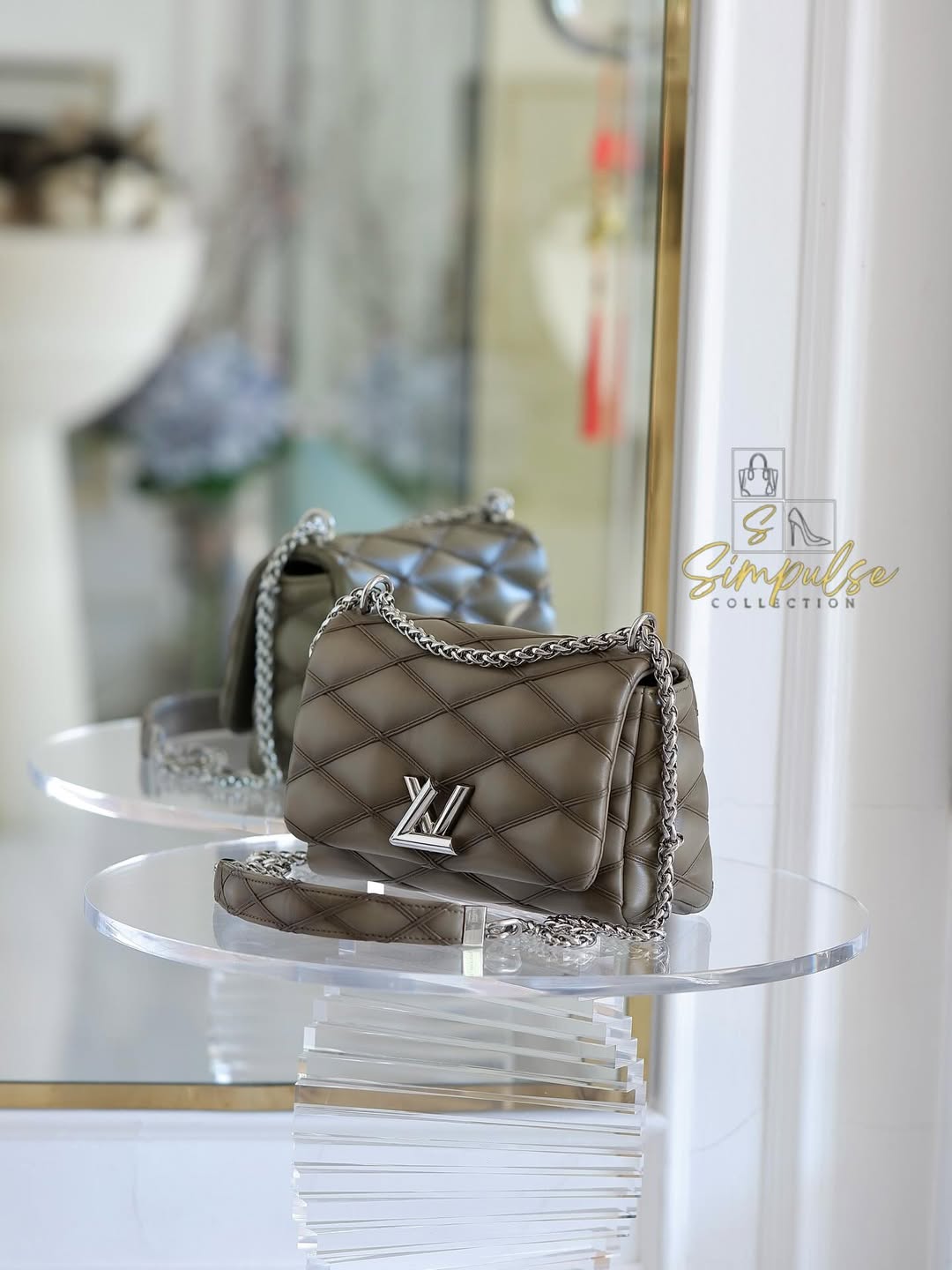 Louis Vuitton GO-14 MM Malletage Quilted Lambskin In a Taupe or Greenish-Grey