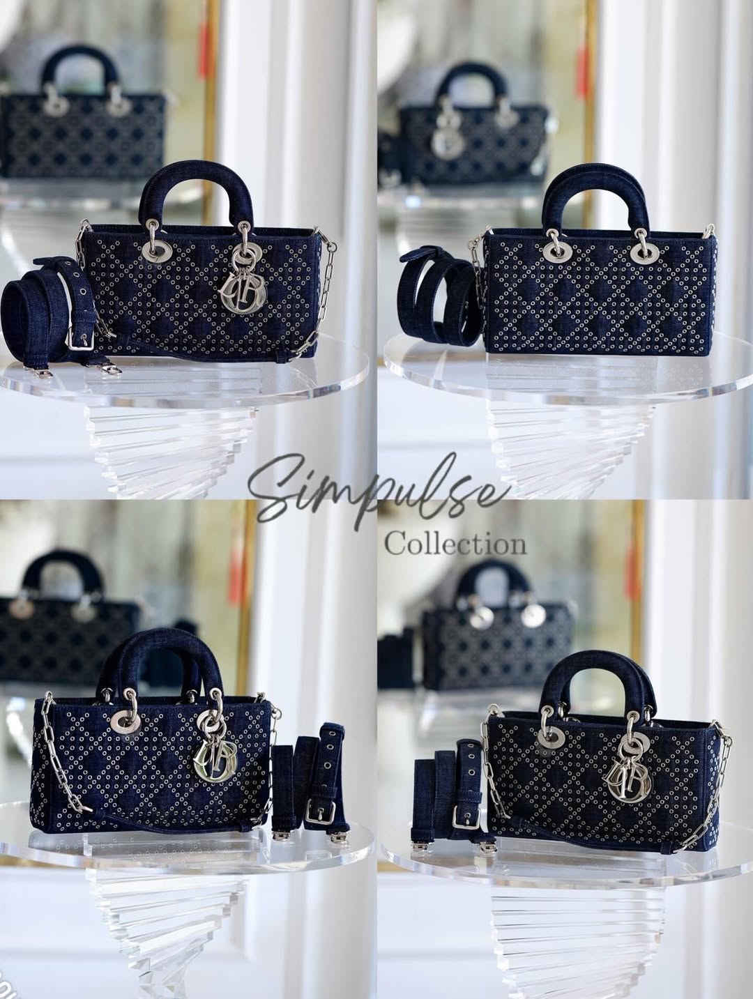 Dior Medium Lady D-Joy Bag In Navy Blue Denim w/ Metallic Eyelets