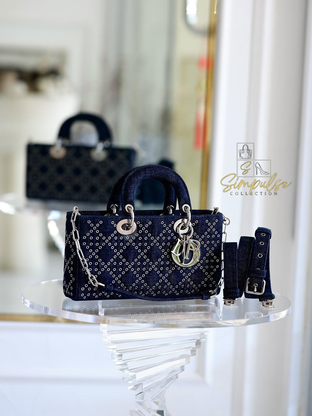 Dior Medium Lady D-Joy Bag In Navy Blue Denim w/ Metallic Eyelets