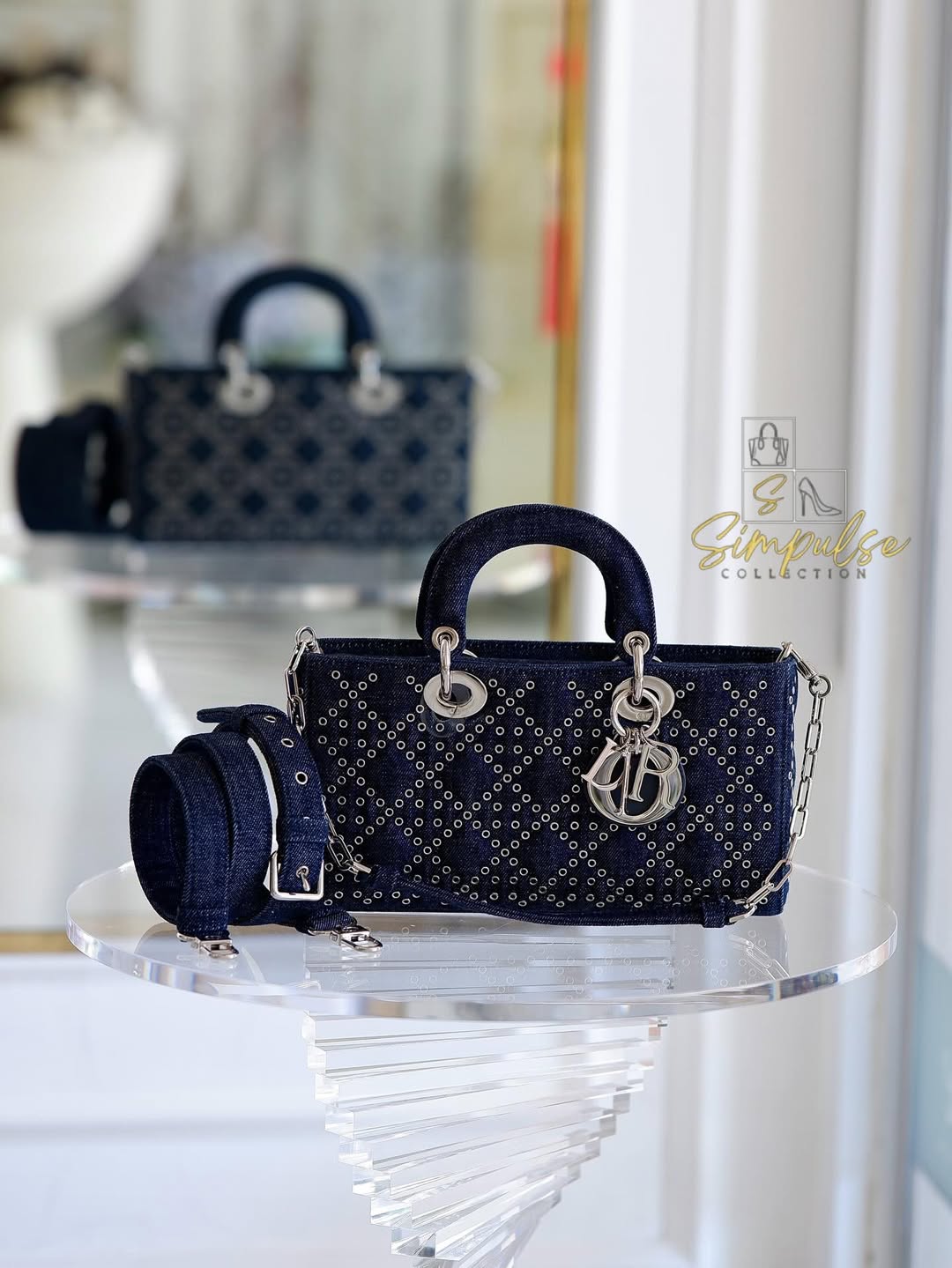 Dior Medium Lady D-Joy Bag In Navy Blue Denim w/ Metallic Eyelets