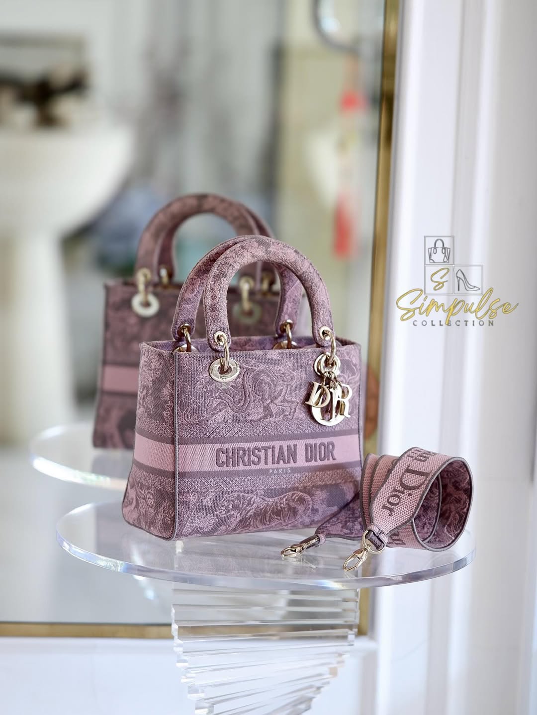 Dior Medium Lady D-Lite Gray &amp; Pink Toile De Jouy Reverse Embroidery