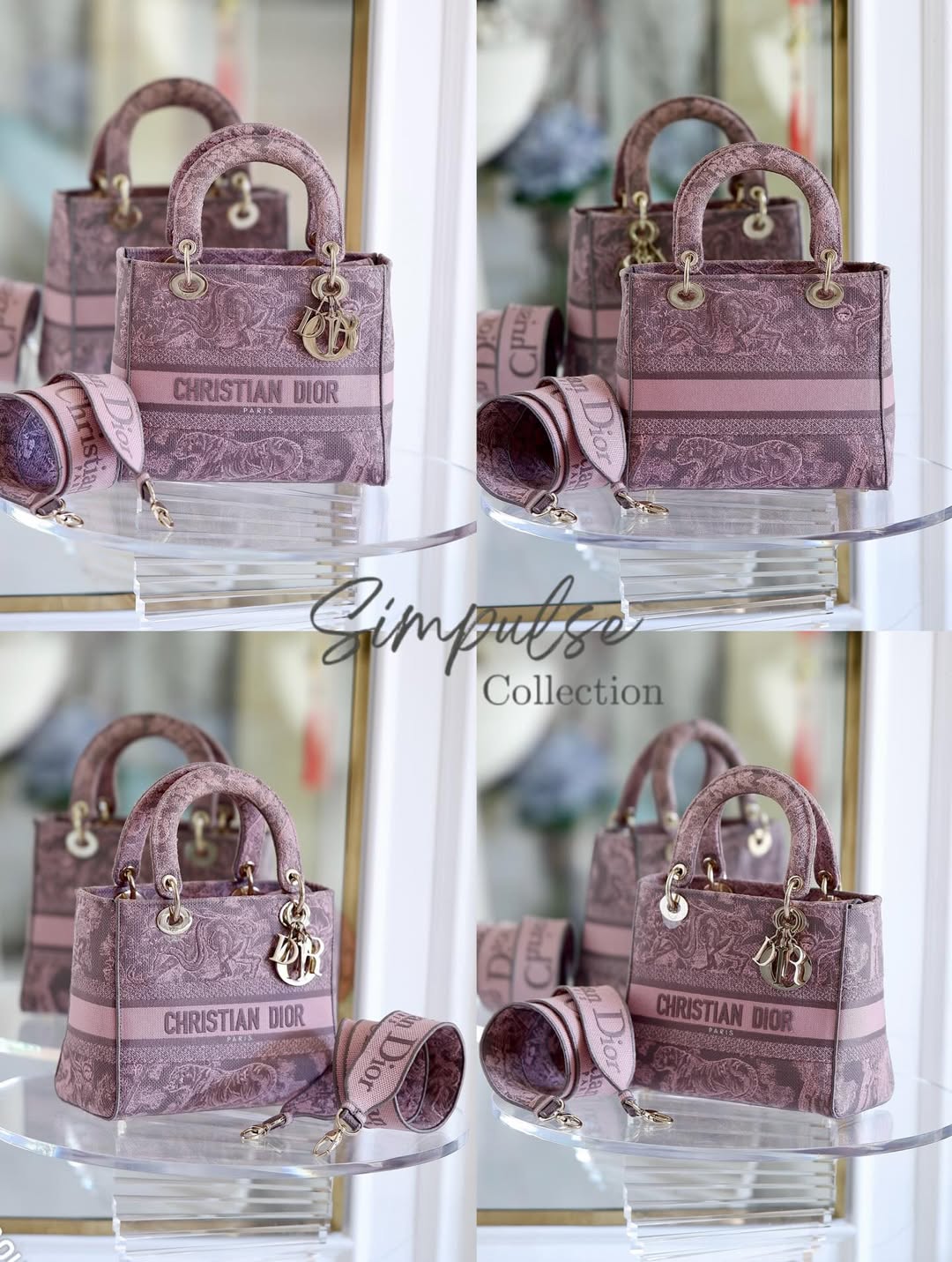 Dior Medium Lady D-Lite Gray &amp; Pink Toile De Jouy Reverse Embroidery