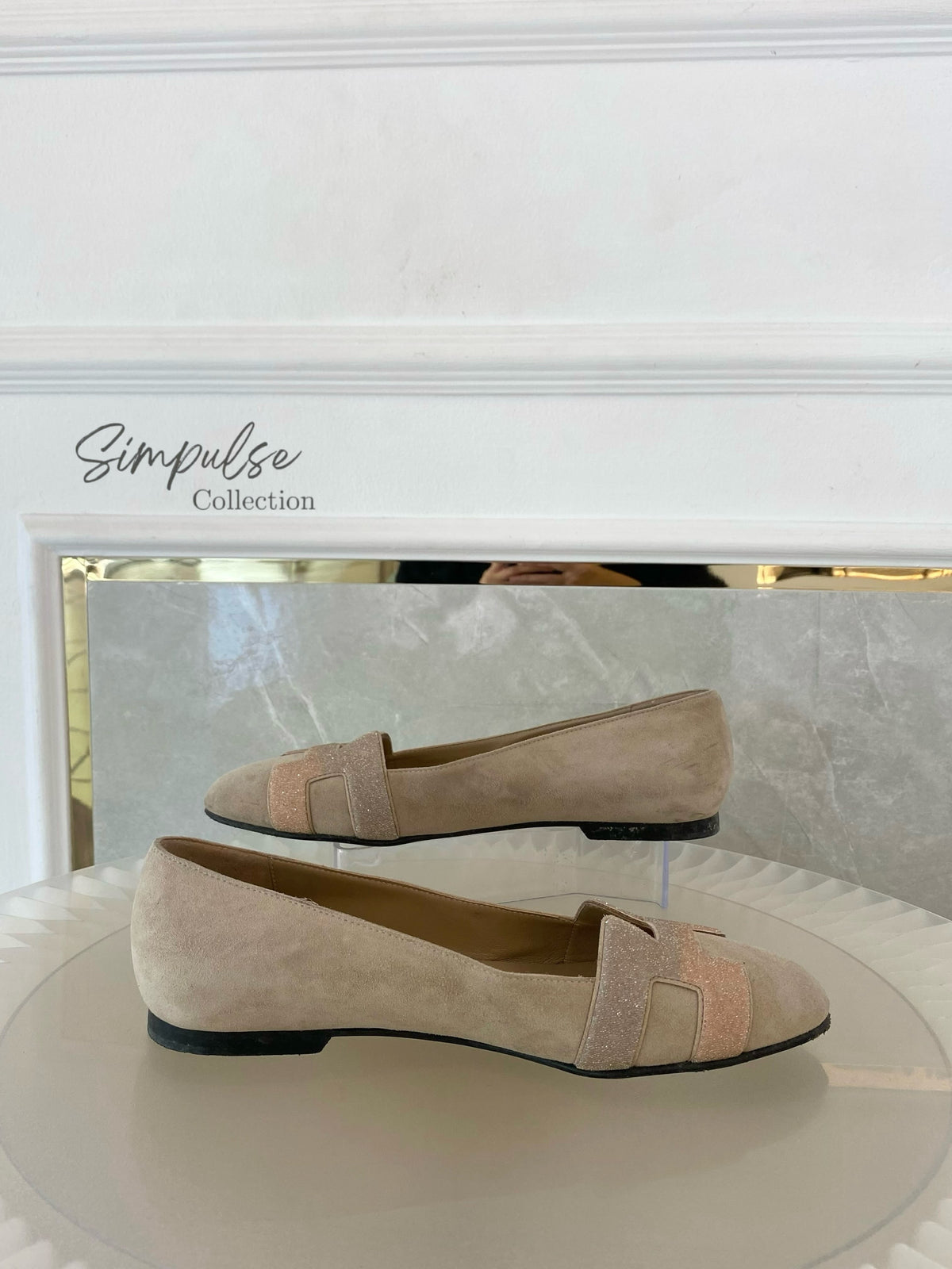 Hermes Nice Ballet Flat Beige Suede And CRYSTAL Powder