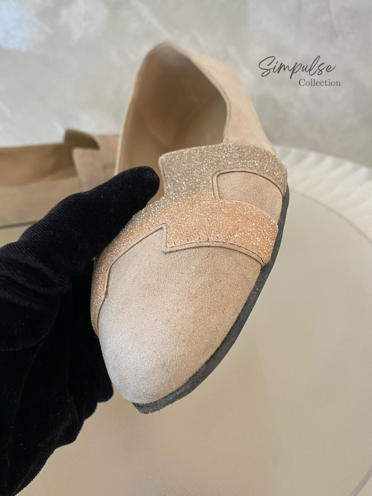 Hermes Nice Ballet Flat Beige Suede And CRYSTAL Powder
