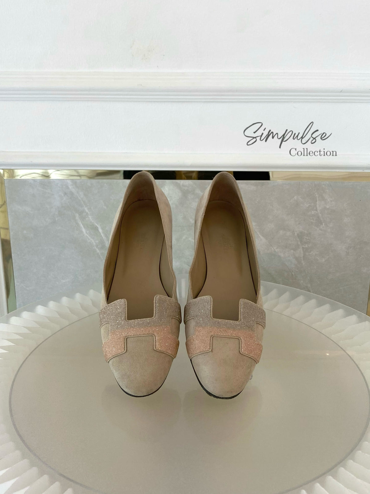 Hermes Nice Ballet Flat Beige Suede And CRYSTAL Powder