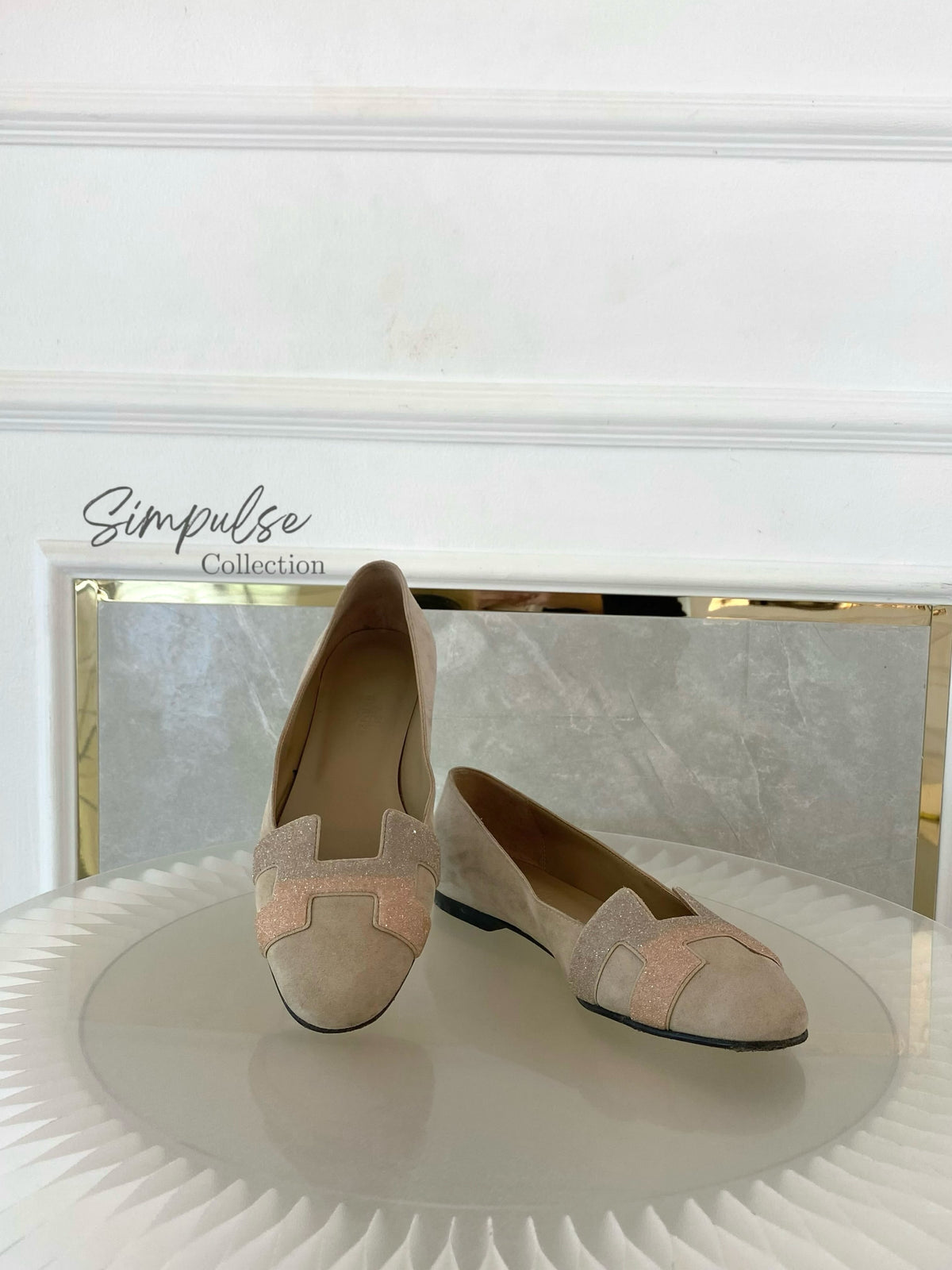 Hermes Nice Ballet Flat Beige Suede And CRYSTAL Powder