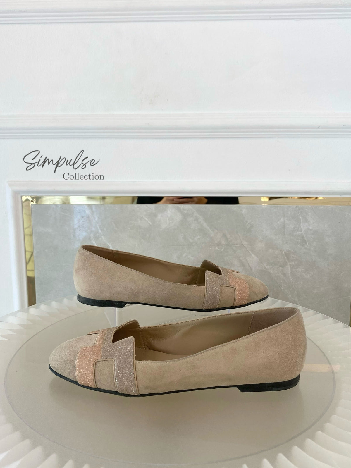 Hermes Nice Ballet Flat Beige Suede And CRYSTAL Powder