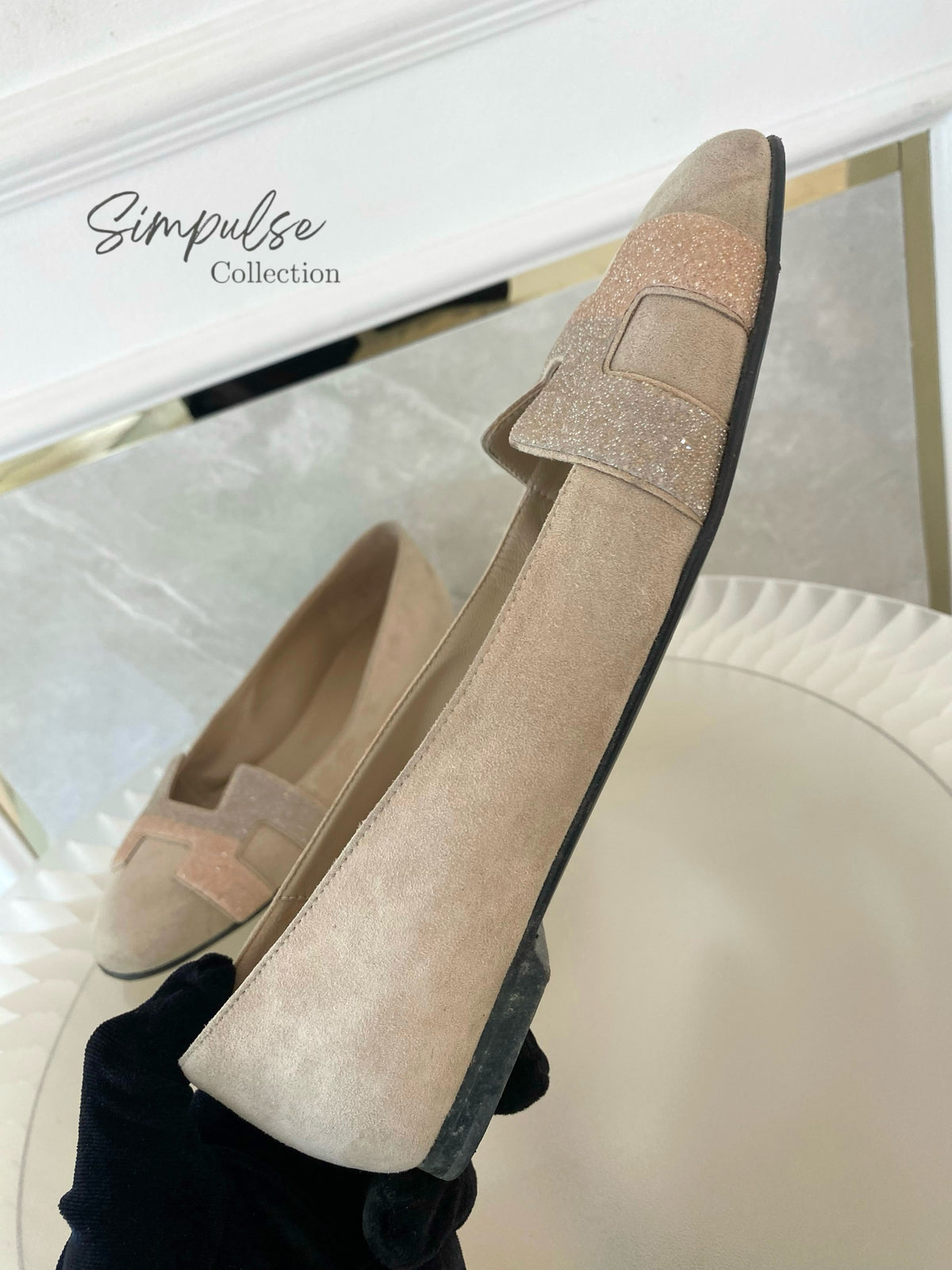 Hermes Nice Ballet Flat Beige Suede And CRYSTAL Powder