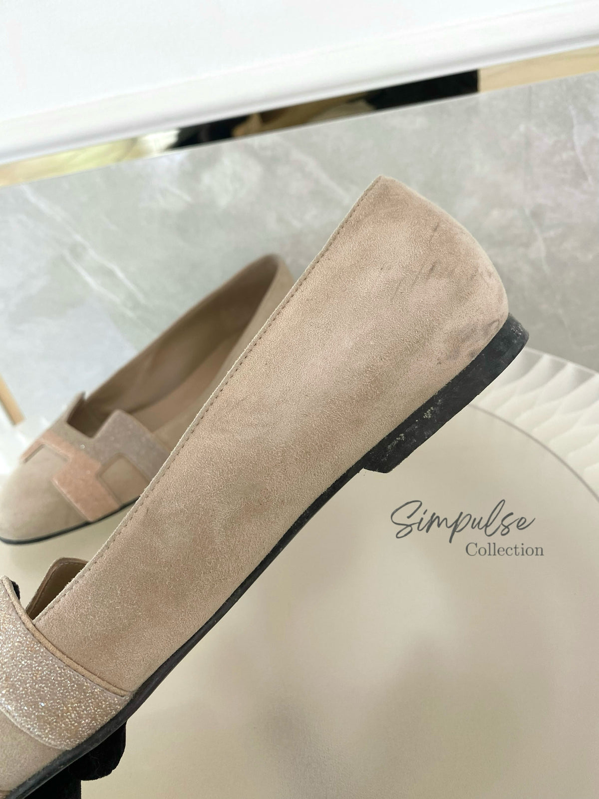 Hermes Nice Ballet Flat Beige Suede And CRYSTAL Powder