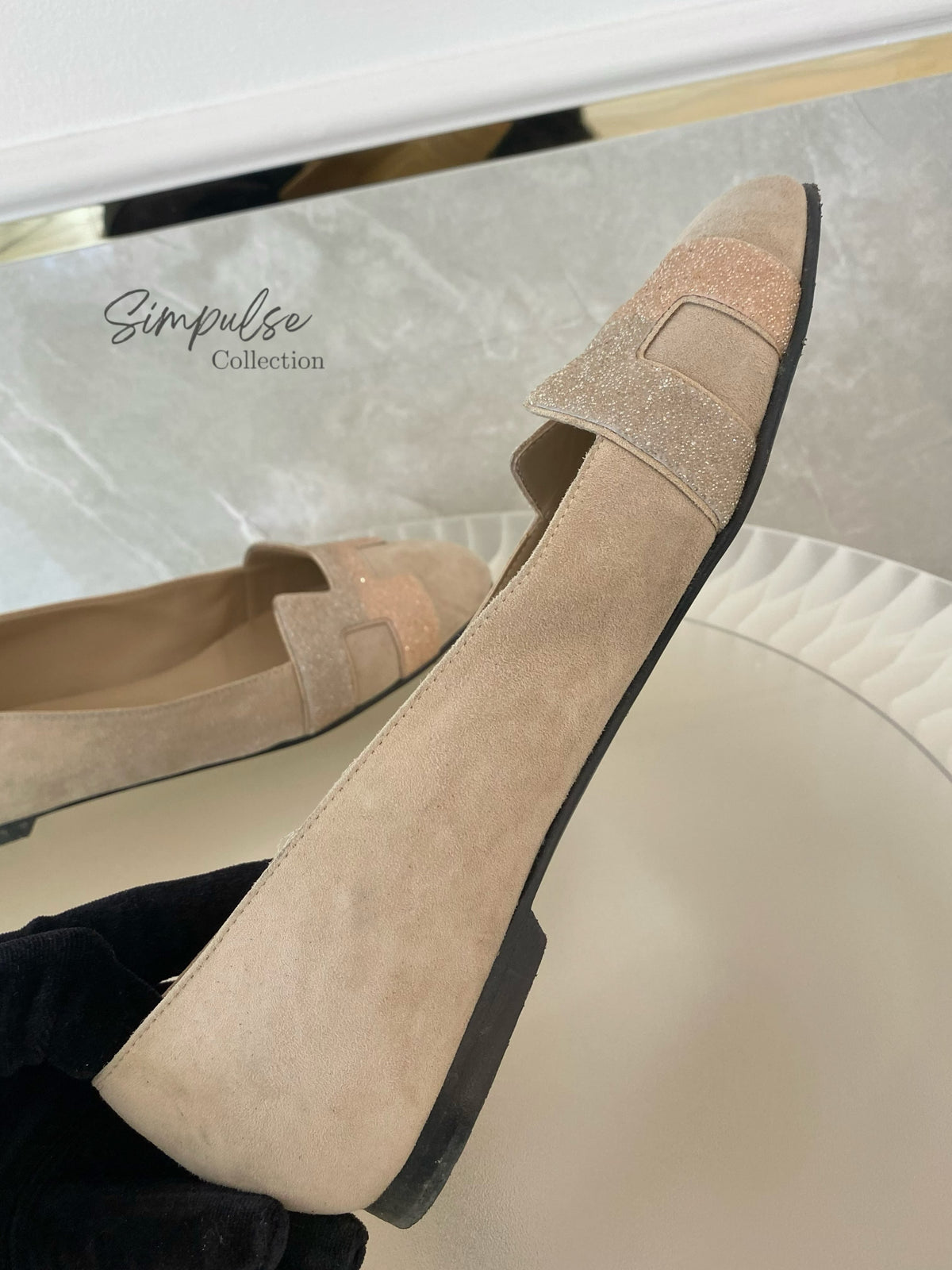 Hermes Nice Ballet Flat Beige Suede And CRYSTAL Powder