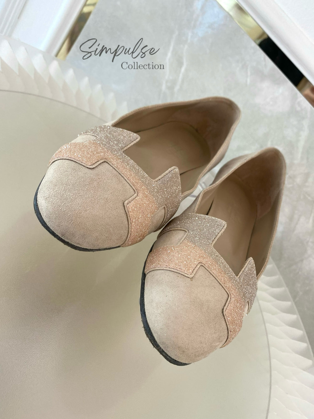 Hermes Nice Ballet Flat Beige Suede And CRYSTAL Powder