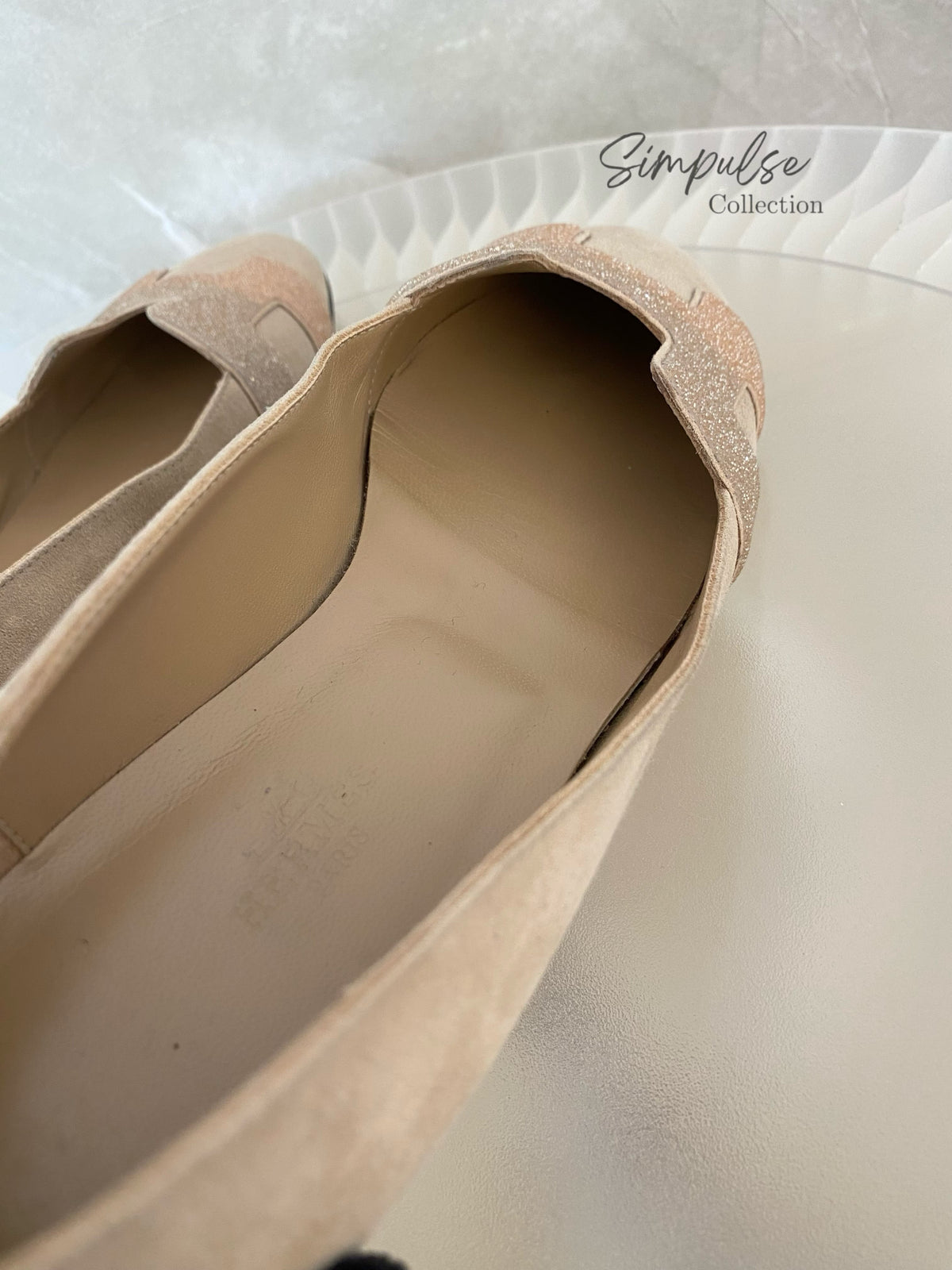 Hermes Nice Ballet Flat Beige Suede And CRYSTAL Powder