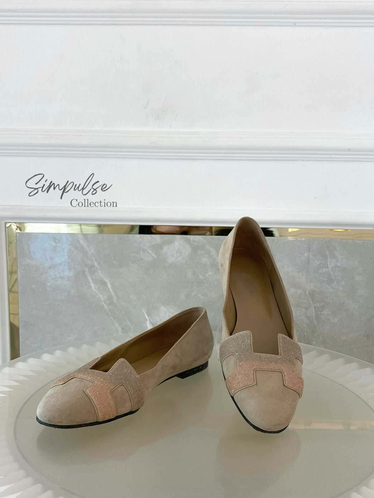Hermes Nice Ballet Flat Beige Suede And CRYSTAL Powder