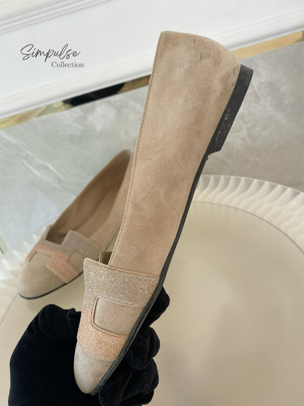 Hermes Nice Ballet Flat Beige Suede And CRYSTAL Powder