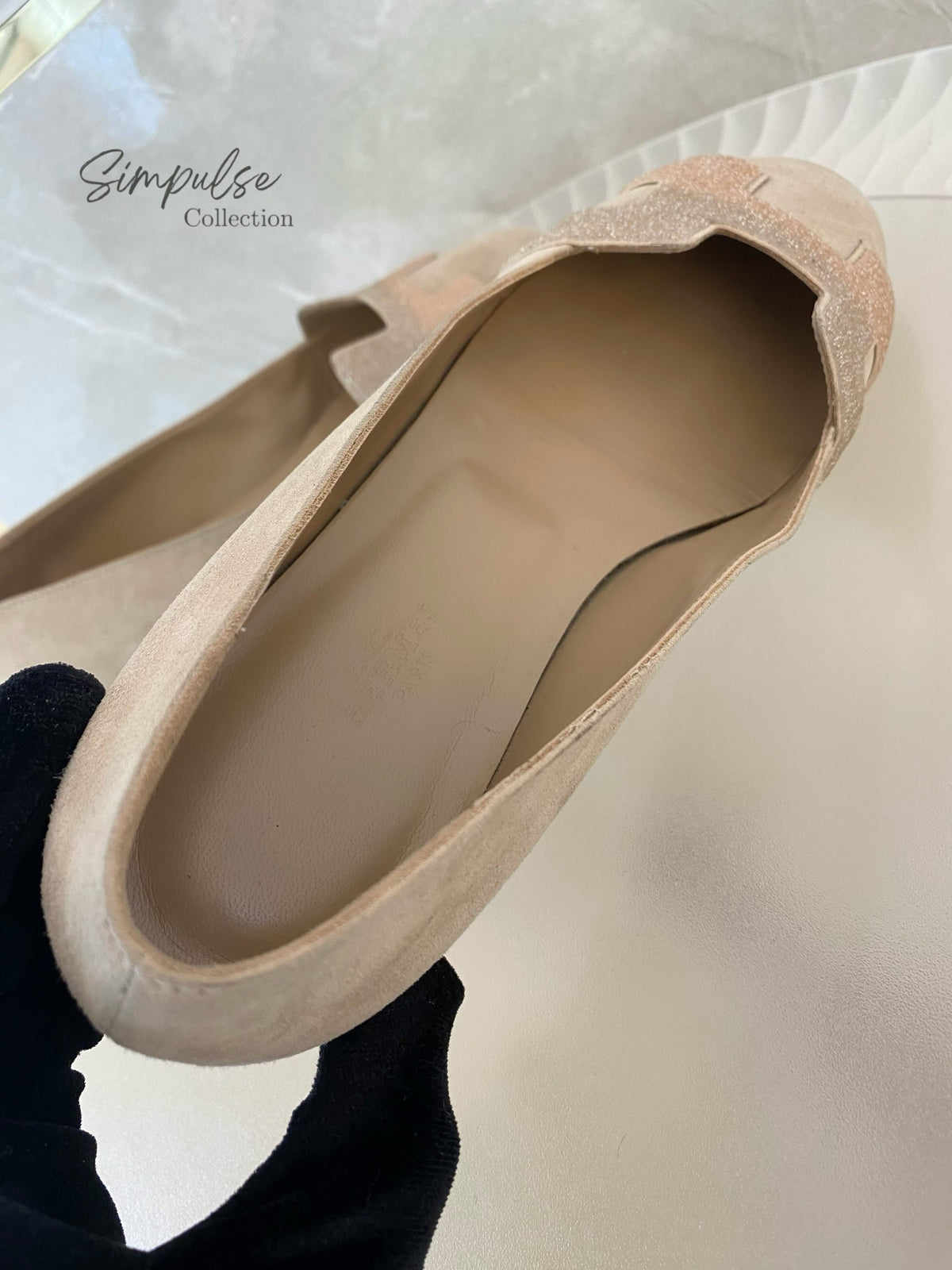 Hermes Nice Ballet Flat Beige Suede And CRYSTAL Powder