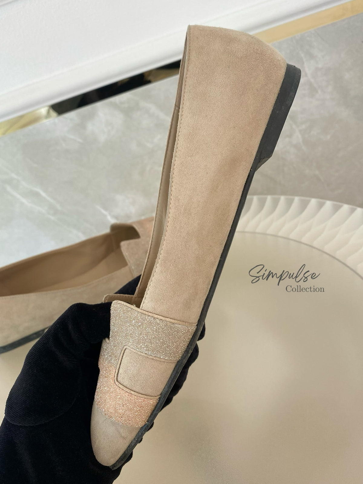 Hermes Nice Ballet Flat Beige Suede And CRYSTAL Powder