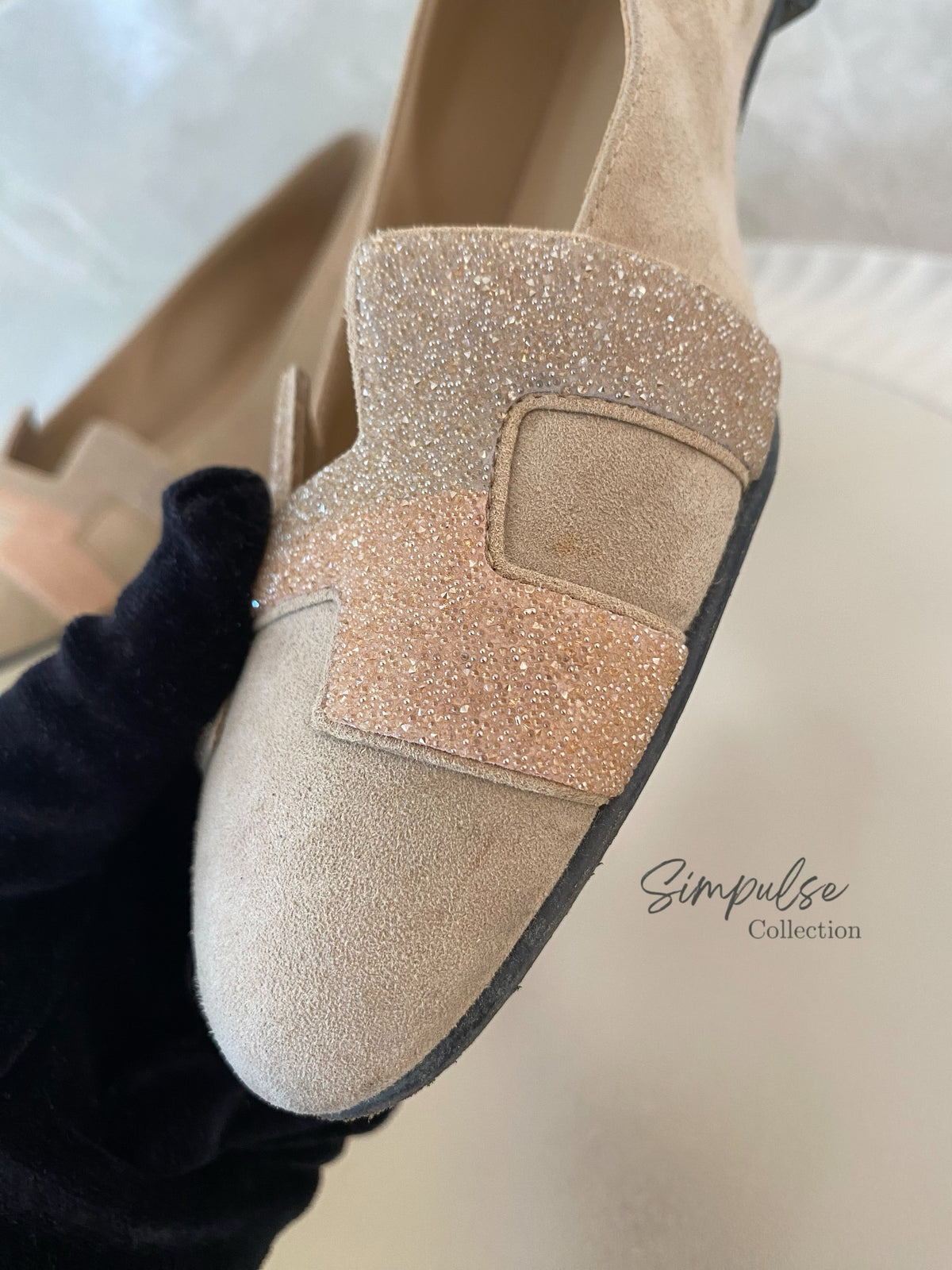 Hermes Nice Ballet Flat Beige Suede And CRYSTAL Powder