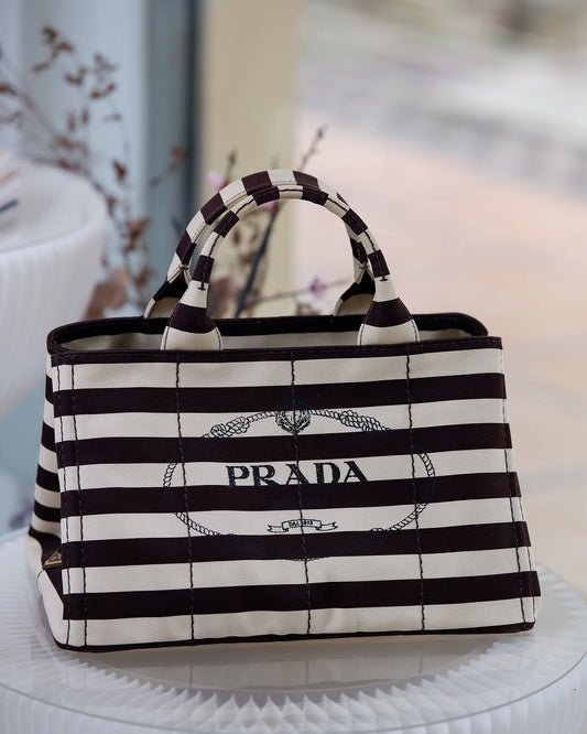 P Canapa Stripe Logo Medium Black Tote